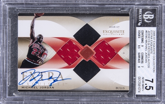 2006-07 UD "Exquisite Collection" Extra Exquisite Jerseys & Patches Autos #EE-MJ Michael Jordan Signed Game Used Patch Card (#1/5) – BGS NM+ 7.5/BGS 10